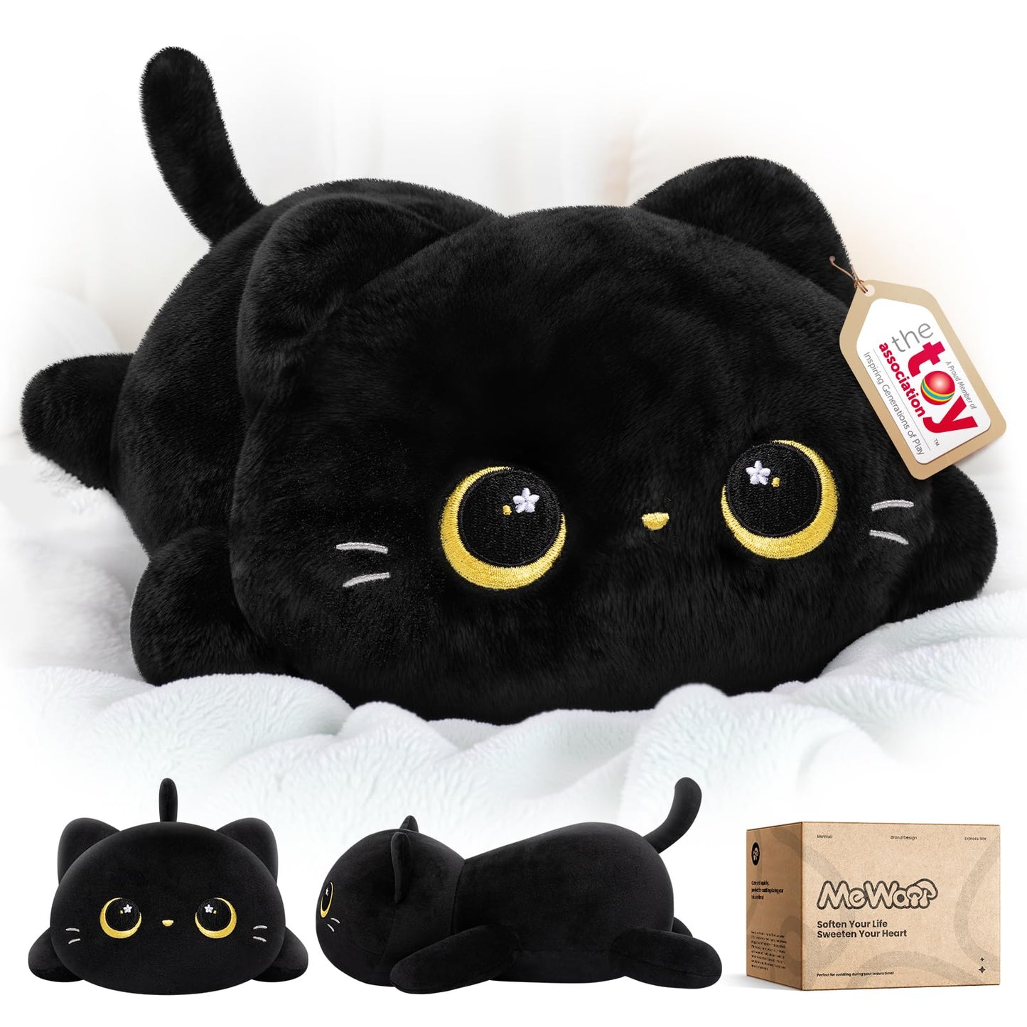 Mewaii Cute Black Cat Plush Pillow, Kawaii Plushies Black Cat Stuffed Animals, Squishy Plushies, Cuddle Plush Pillow for Kids & Girls (13 Inch)