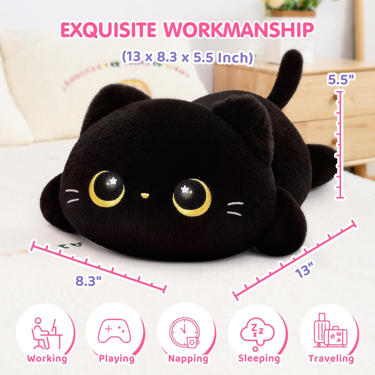 Mewaii Cute Black Cat Plush Pillow, Kawaii Plushies Black Cat Stuffed Animals, Squishy Plushies, Cuddle Plush Pillow for Kids & Girls (13 Inch)