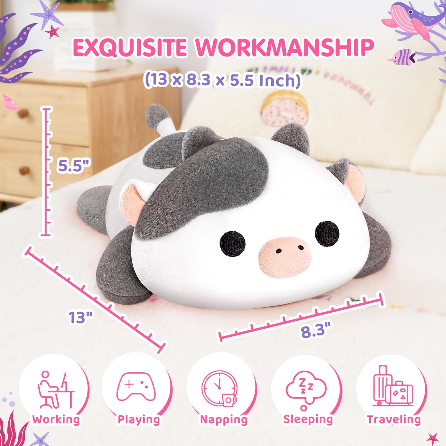 Mewaii Cute Black Cat Plush Pillow, Kawaii Plushies Black Cat Stuffed Animals, Squishy Plushies, Cuddle Plush Pillow for Kids & Girls (13 Inch)