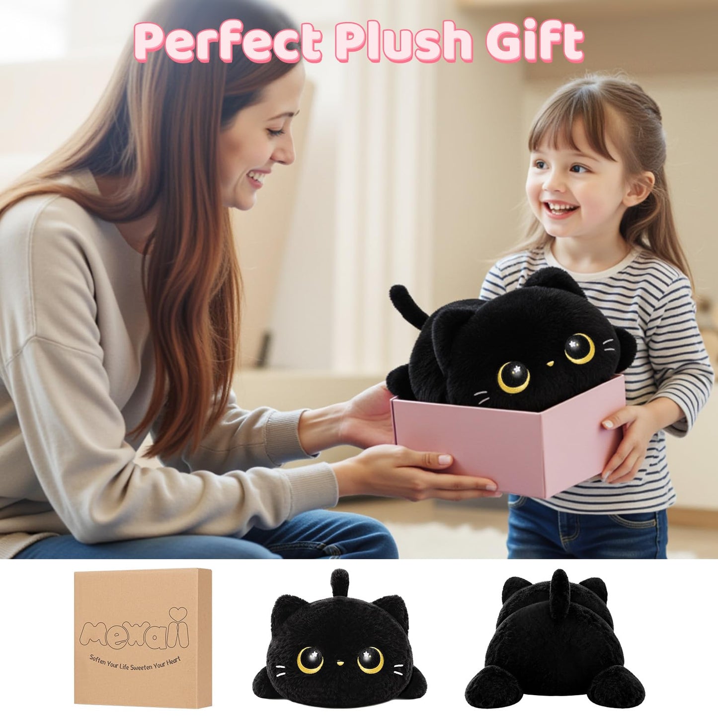 Mewaii Cute Black Cat Plush Pillow, Kawaii Plushies Black Cat Stuffed Animals, Squishy Plushies, Cuddle Plush Pillow for Kids & Girls (13 Inch)