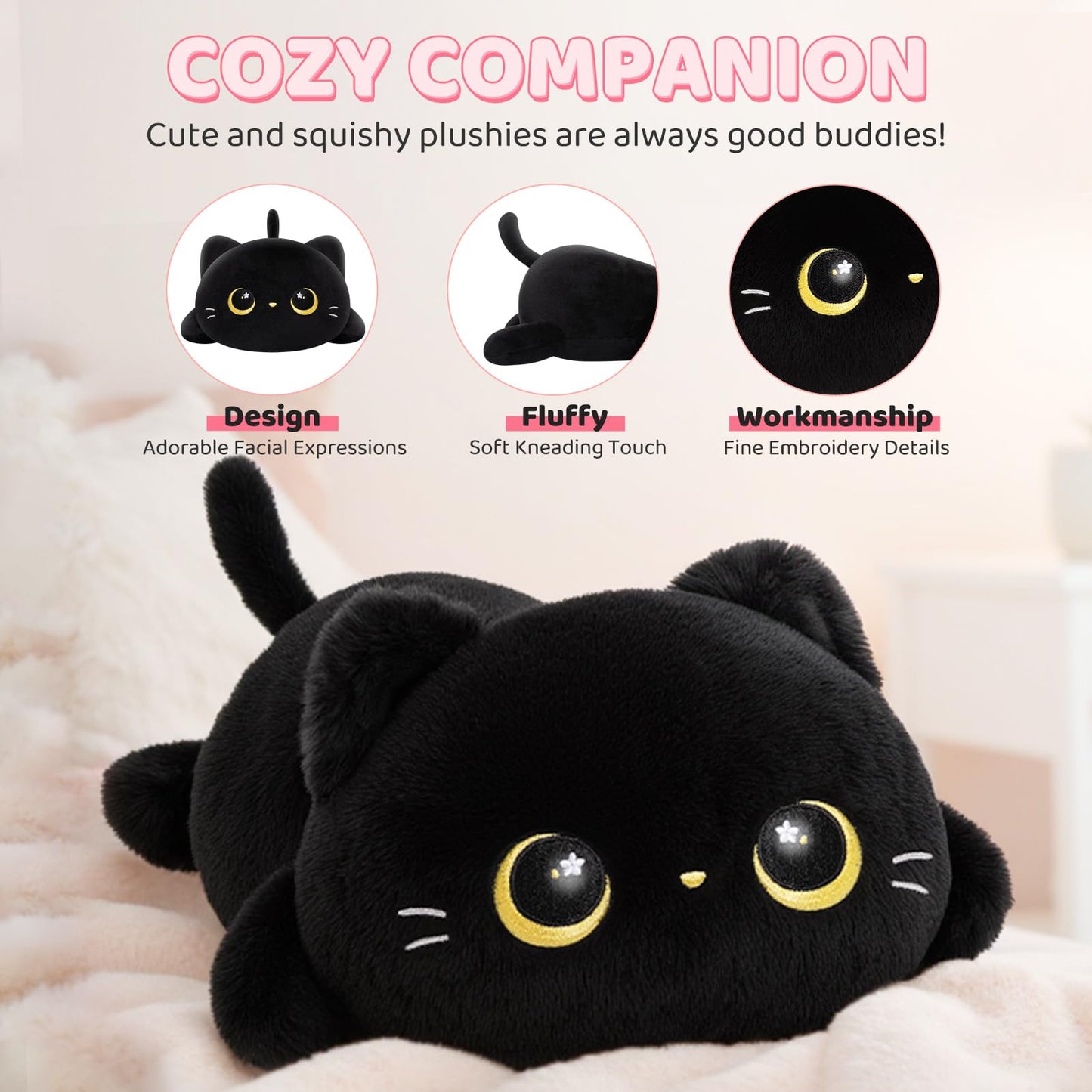 Mewaii Cute Black Cat Plush Pillow, Kawaii Plushies Black Cat Stuffed Animals, Squishy Plushies, Cuddle Plush Pillow for Kids & Girls (13 Inch)