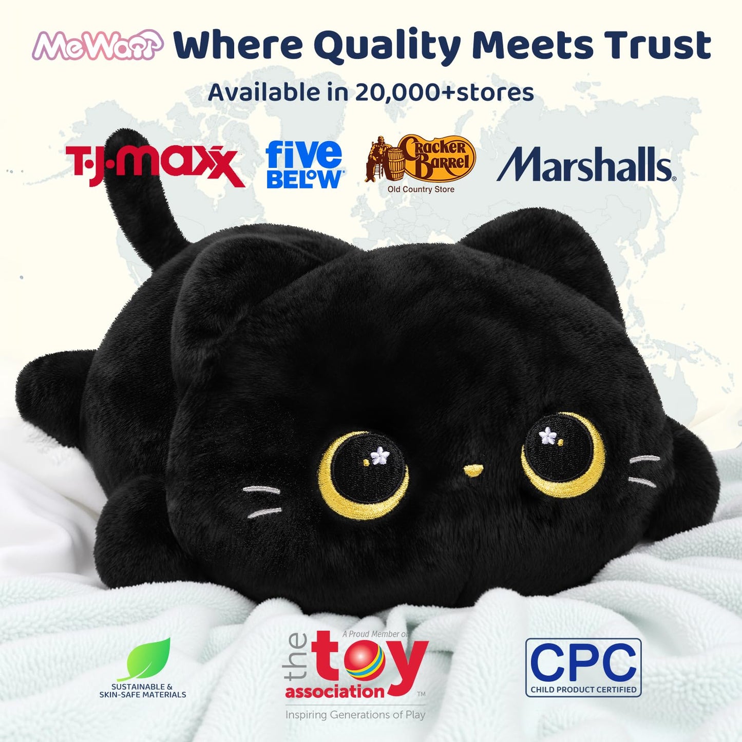 Mewaii Cute Black Cat Plush Pillow, Kawaii Plushies Black Cat Stuffed Animals, Squishy Plushies, Cuddle Plush Pillow for Kids & Girls (13 Inch)