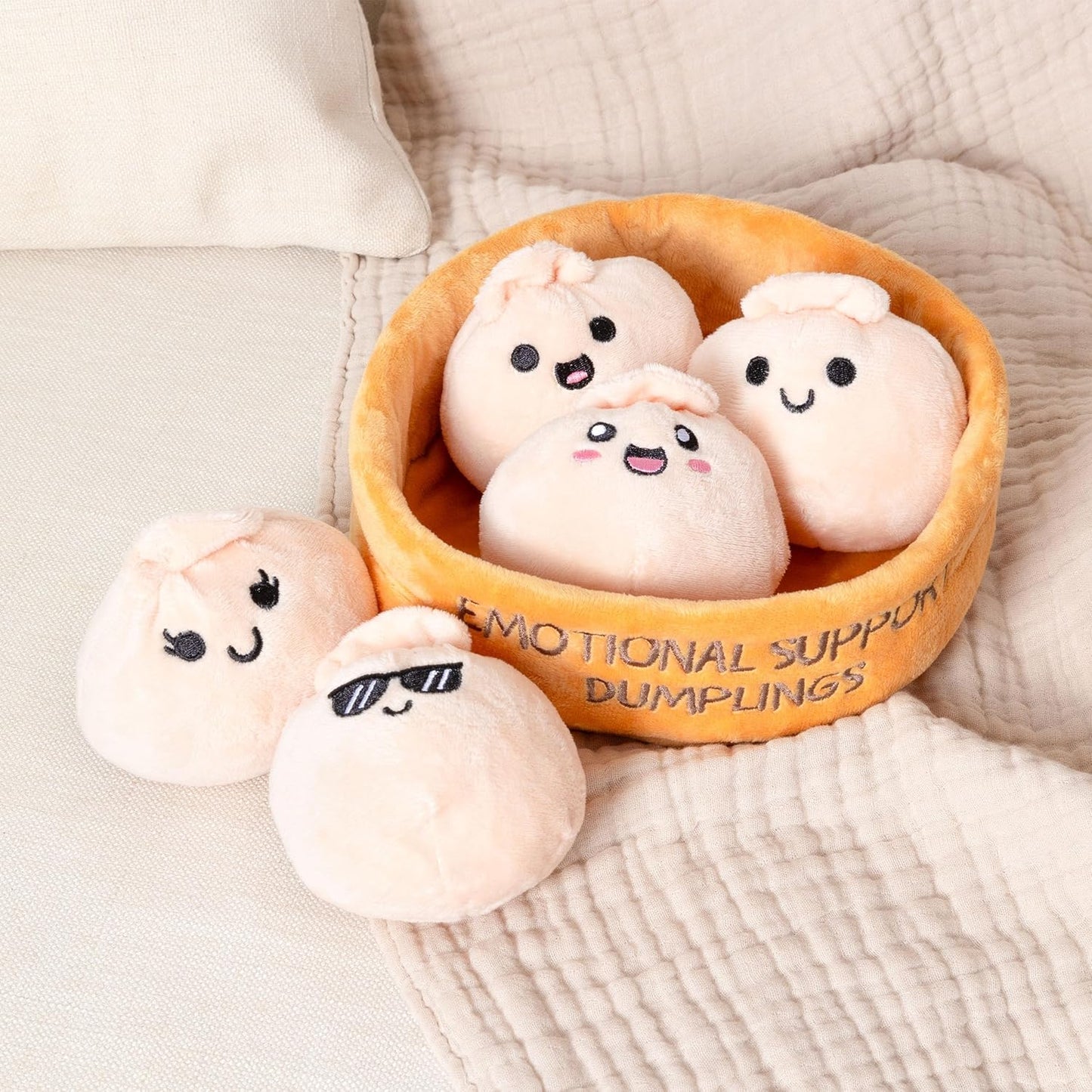 WHAT DO YOU MEME? Emotional Support Dumplings by Relatable, Cuddly Plush Toys and Stuffed Animals, Includes 5 Plushies with Basket, Cozy Idea for Loved Ones